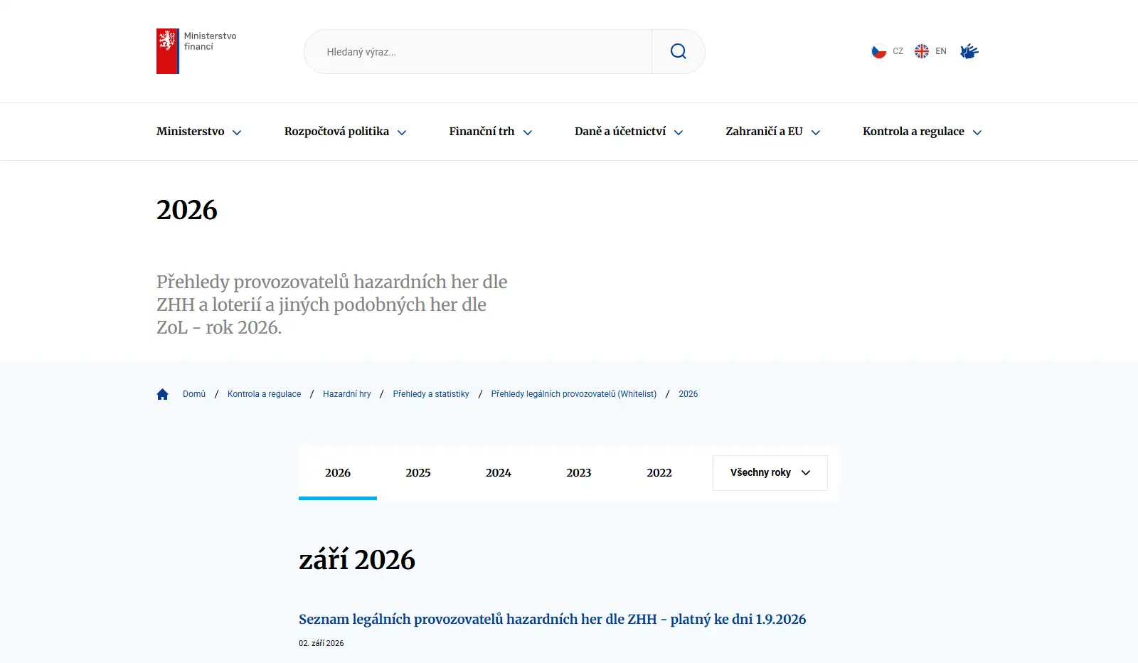Aktuální seznam legálních provozovatelů hazardních her Ministerstva financí ČR